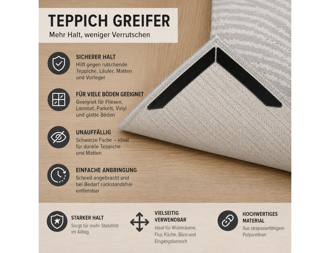 BAYLI Antirutsch Teppichunterlage 4er Set Teppichstopper Selbstklebend – Anti Rutsch Teppich Greifer Bild 3