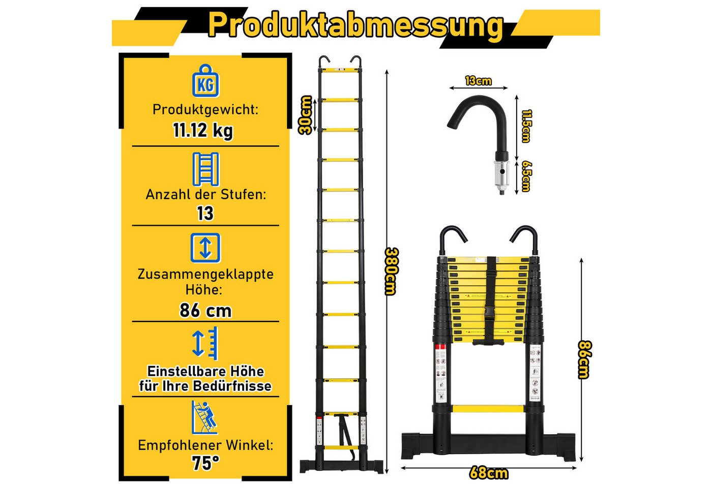 Clanmacy Teleskopleiter Premium Alu Teleskopleiter Ausziehleiter mit Stabilisator Höhe 3,8M (Teleskopleiter,Anlegeleiter,Klappleiter,Schiebeleiter, Hochleistungs-Teleskopleiter, Hochwertiges Aluminiummaterial), Mühelose Portabilität Unabhängige Verriegelung Narrensicherer Betrieb Bild 3