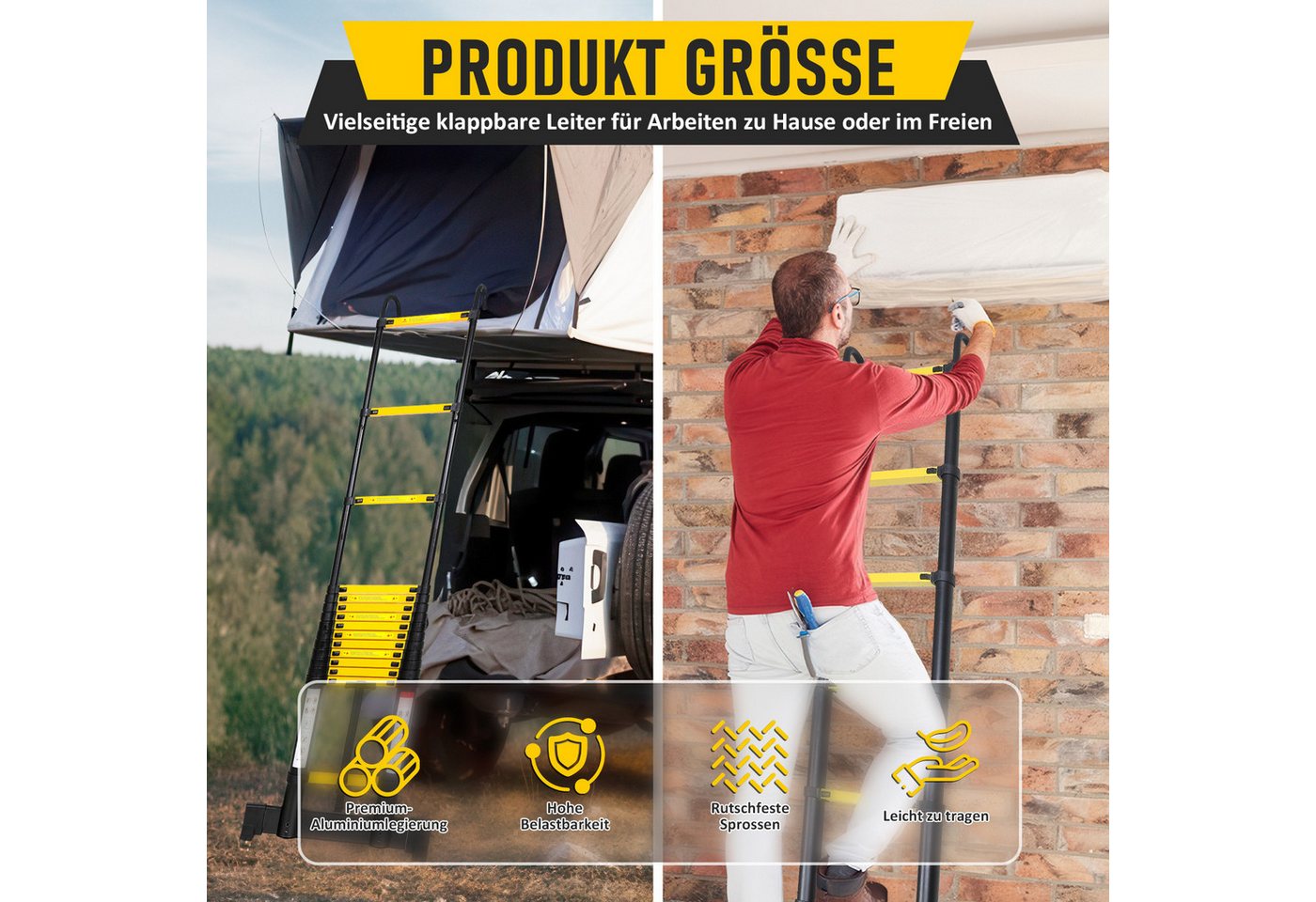 Clanmacy Teleskopleiter Premium Alu Teleskopleiter Ausziehleiter mit Stabilisator Höhe 3,8M (Teleskopleiter,Anlegeleiter,Klappleiter,Schiebeleiter, Hochleistungs-Teleskopleiter, Hochwertiges Aluminiummaterial), Mühelose Portabilität Unabhängige Verriegelung Narrensicherer Betrieb Bild 4