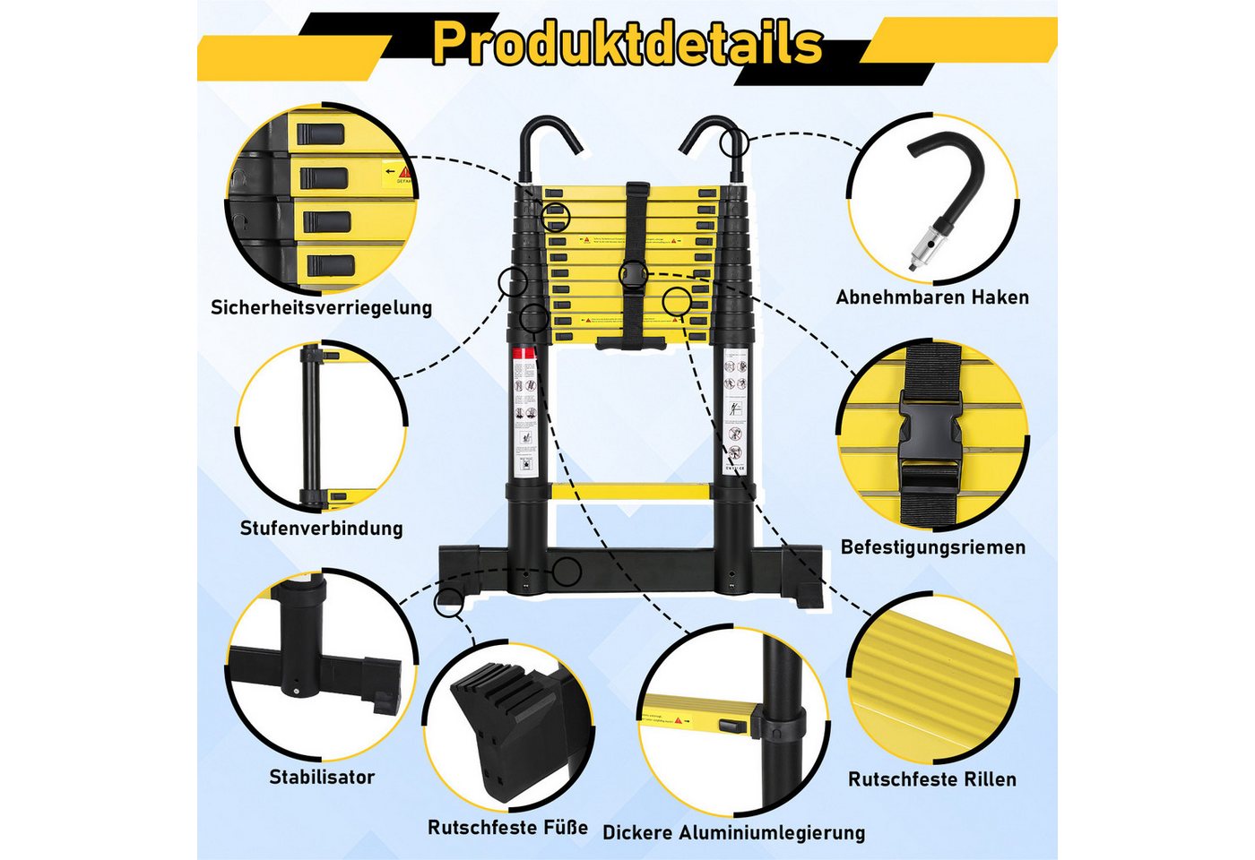 Clanmacy Teleskopleiter Premium Alu Teleskopleiter Ausziehleiter mit Stabilisator Höhe 3,8M (Teleskopleiter,Anlegeleiter,Klappleiter,Schiebeleiter, Hochleistungs-Teleskopleiter, Hochwertiges Aluminiummaterial), Mühelose Portabilit ät Unabhängige Verriegelung Narrensicherer Betrieb Bild 5