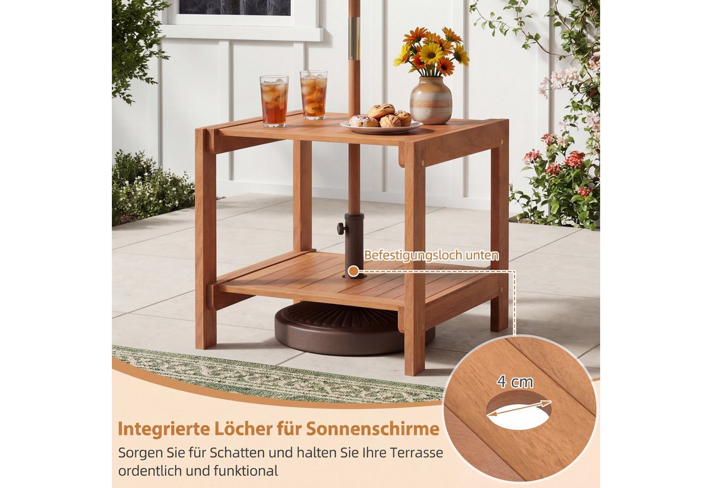 COSTWAY Gartentisch, Beistelltisch Holz wetterfest, Kleiner Balkontisch
