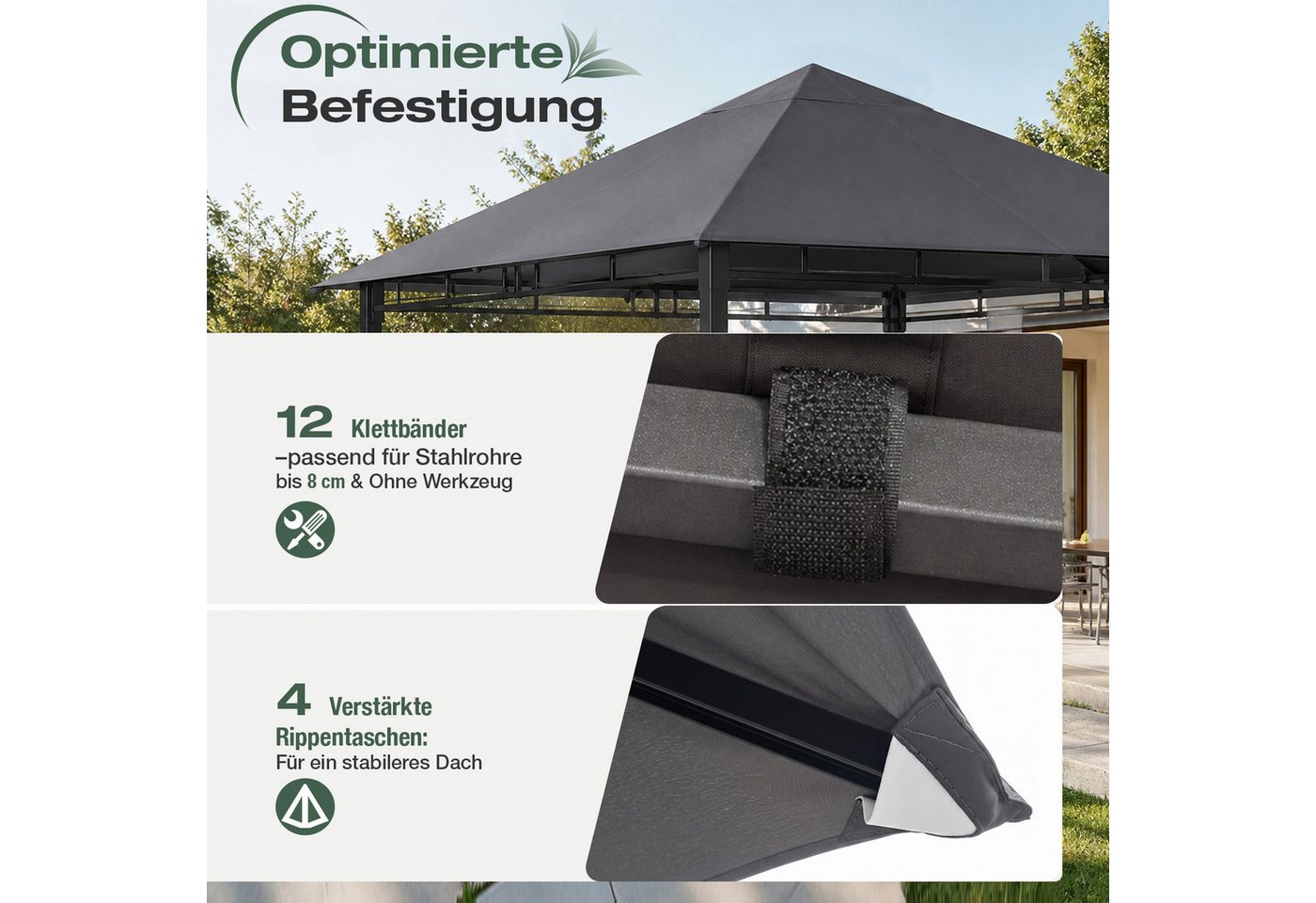 Sekey Pavillon-Ersatzdach Ersatzdach für Gartenpavillon 3x3 m Wasserdicht mit UV-Schutz, Robustes 800D Polyestergewebe mit doppelter PU-Beschichtung Bild 3