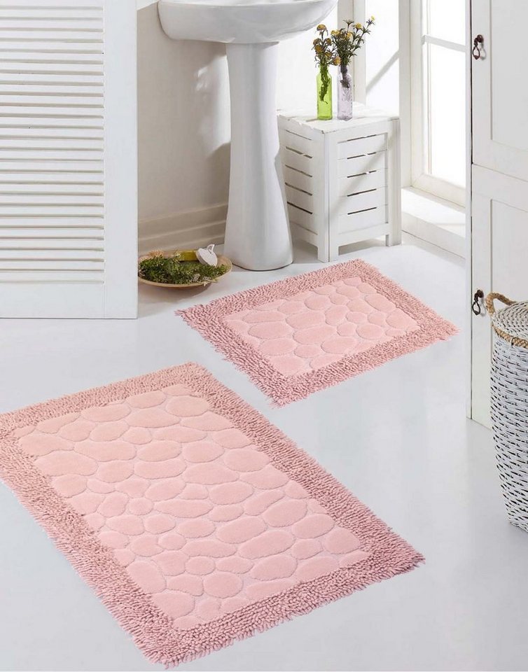 Carpetia Teppich Badematten Set 2-teilig Steinoptik rutschfest waschbar - rosa, rechteckig, Höhe: 7.5 mm