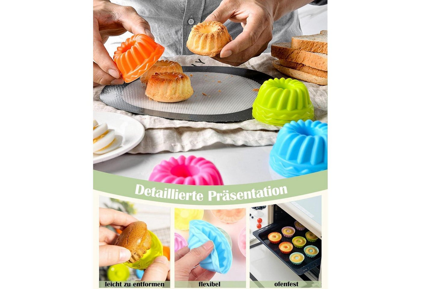 LuxusKollektion Gugelhupfform Mini Gugelhupfform Silikon 24 Stück Ø 6,5cm Höhe 3,5cm 8 Farben