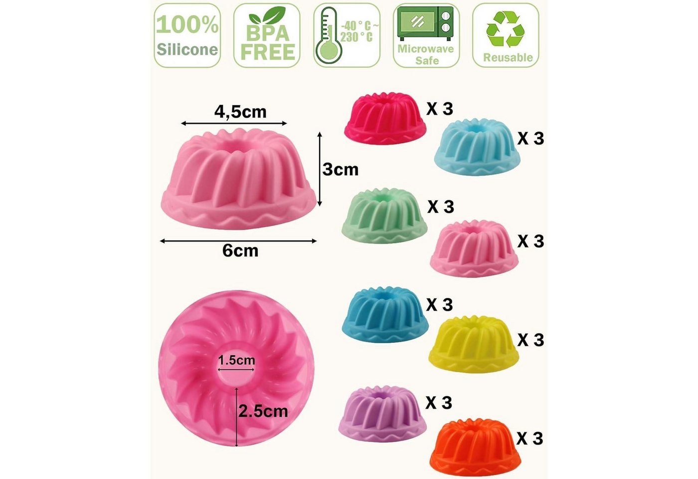 LuxusKollektion Gugelhupfform Mini Gugelhupfform Silikon 24 Stück Ø 6,5cm Höhe 3,5cm 8 Farben Bild 4