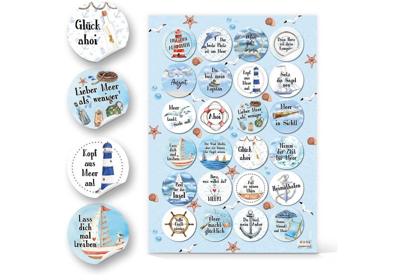 Logbuch-Verlag Aufkleber Sticker SET 24 maritime Sprüche Aufkleber + 24 Anker Aufkleber 4 cm