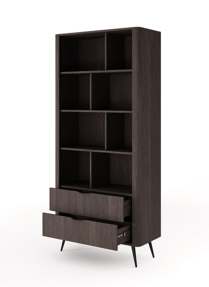 MOEBLO Regal LARON 2s, mit 2 Schubladen, Eiche Dunin – Modernes Standregal im Japandi & Industrial Design mit schwarzen Metallfüßen, geriffelter Leiste und eleganter Holzoptik, Bücherregal Bücherregal für das Büro Bücherregal für Dokumente Wohnbereich Wohnzimmer, (BxHxT): 88,2 x 193,8 x 38 cm