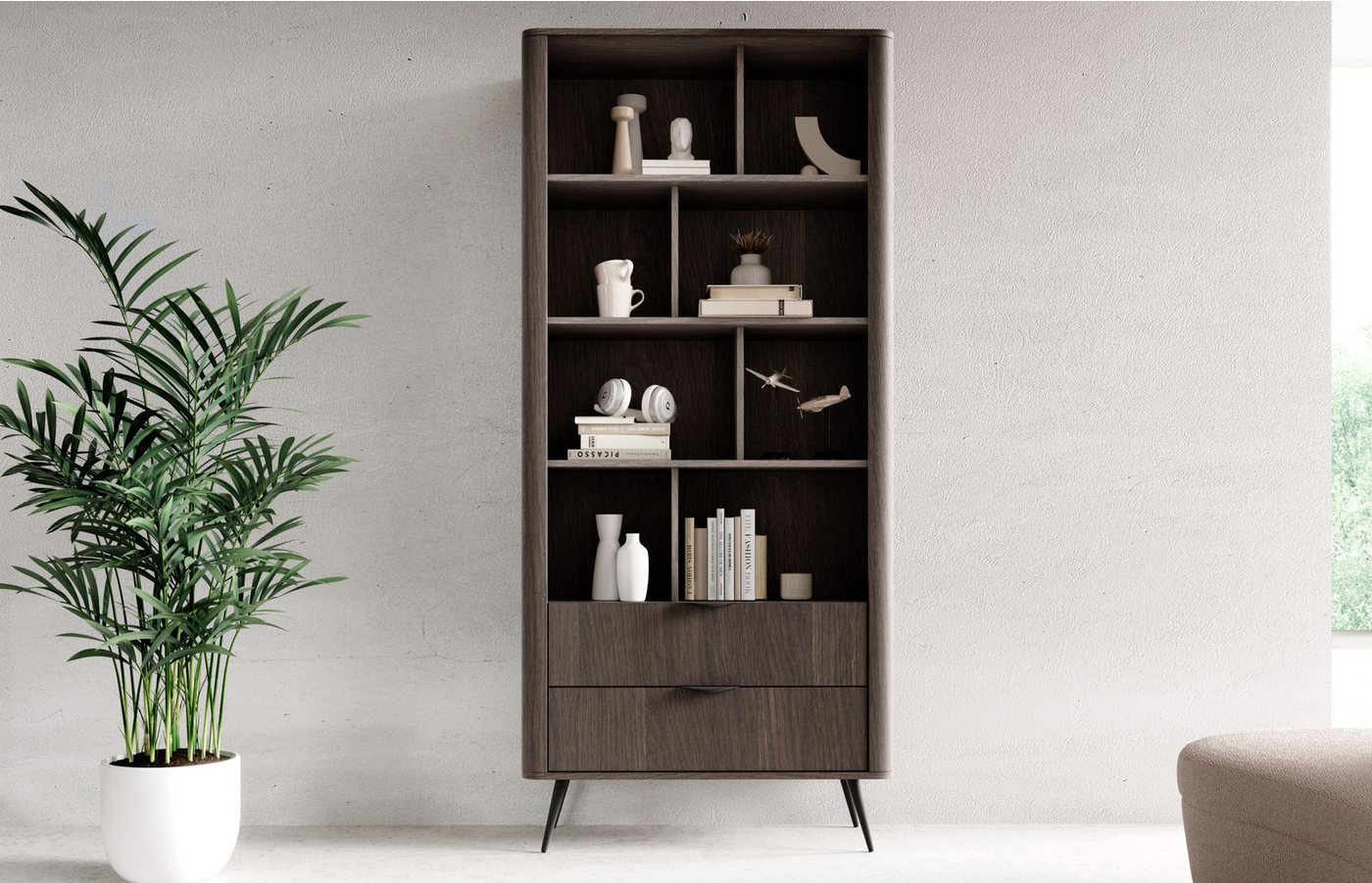 MOEBLO Regal LARON 2s, mit 2 Schubladen, Eiche Dunin – Modernes Standregal im Japandi & Industrial Design mit schwarzen Metallfüßen, geriffelter Leiste und eleganter Holzoptik, Bücherregal Bücherregal für das Büro Bücherregal für Dokumente Wohnbereich Wohnzimmer, (BxHxT): 88,2 x 193,8 x 38 cm Bild 2