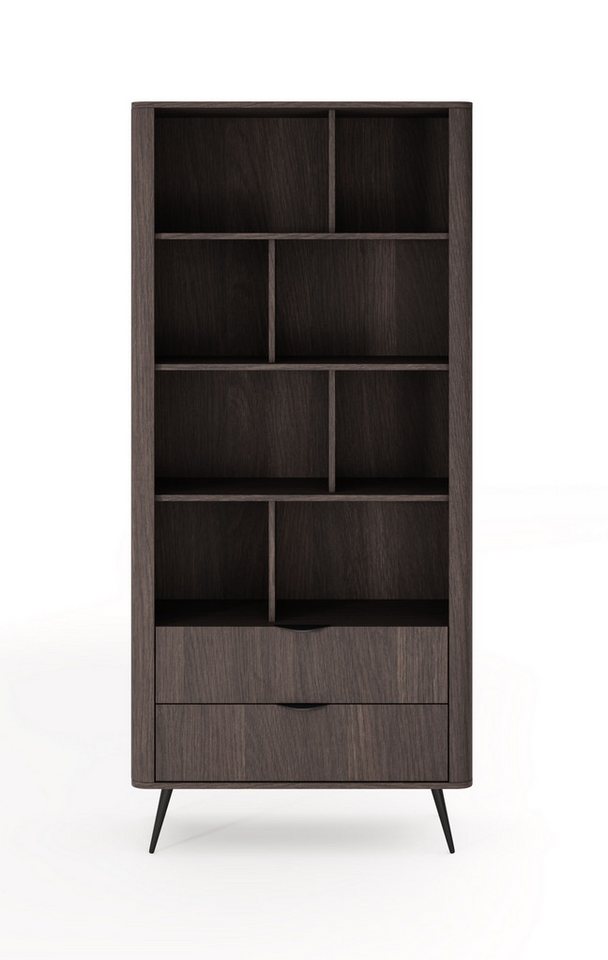 MOEBLO Regal LARON 2s, mit 2 Schubladen, Eiche Dunin – Modernes Standregal im Japandi & Industrial Design mit schwarzen Metallfüßen, geriffelter Leiste und eleganter Holzoptik, Bücherregal Bücherregal für das Büro Bücherregal für Dokumente Wohnbereich Wohnzimmer, (BxHxT): 88,2 x 193,8 x 38 cm Bild 3