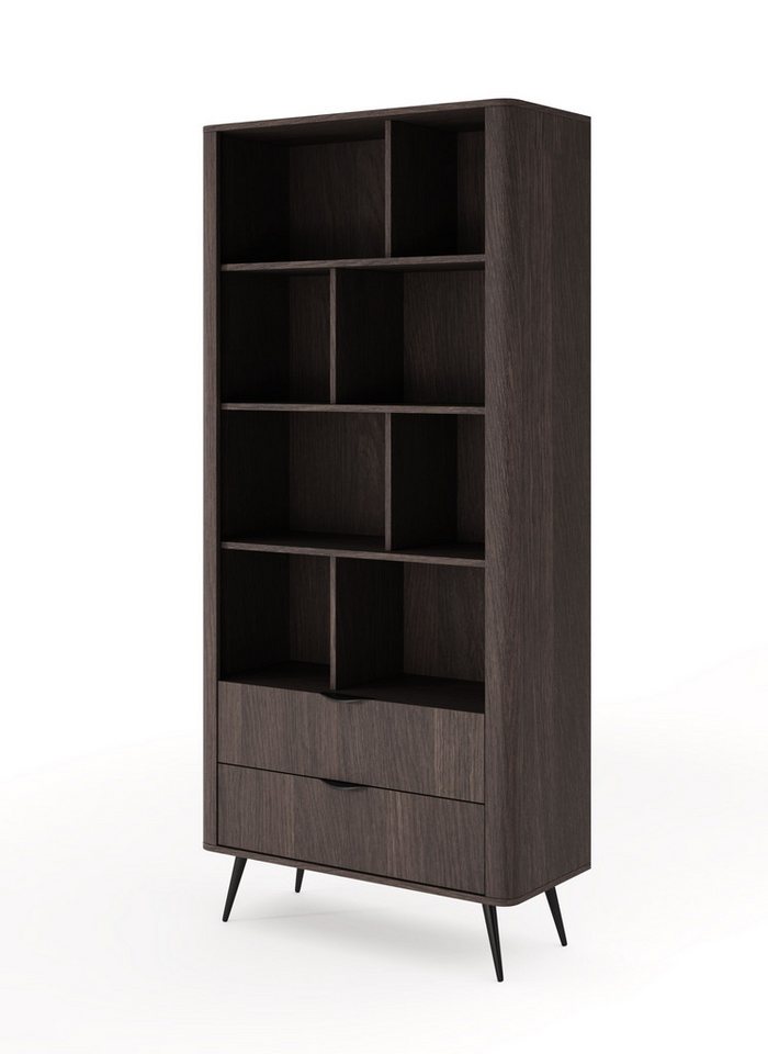 MOEBLO Regal LARON 2s, mit 2 Schubladen, Eiche Dunin – Modernes Standregal im Japandi & Industrial Design mit schwarzen Metallfüßen, geriffelter Leiste und eleganter Holzoptik, Bücherregal Bücherregal für das Büro Bücherregal für Dokumente Wohnbereich Wohnzimmer, (BxHxT): 88,2 x 193,8 x 38 cm Bild 4