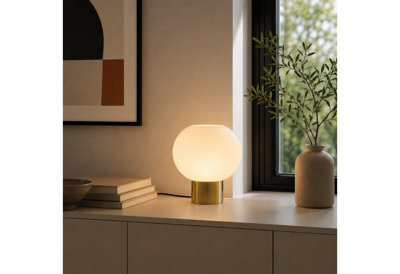 Lightbox Tischleuchte, ohne Leuchtmittel, Ø22 cm, Höhe 21 cm, E27 Fassung, Glas/Metall, weiß/messing gebürstet Bild 2