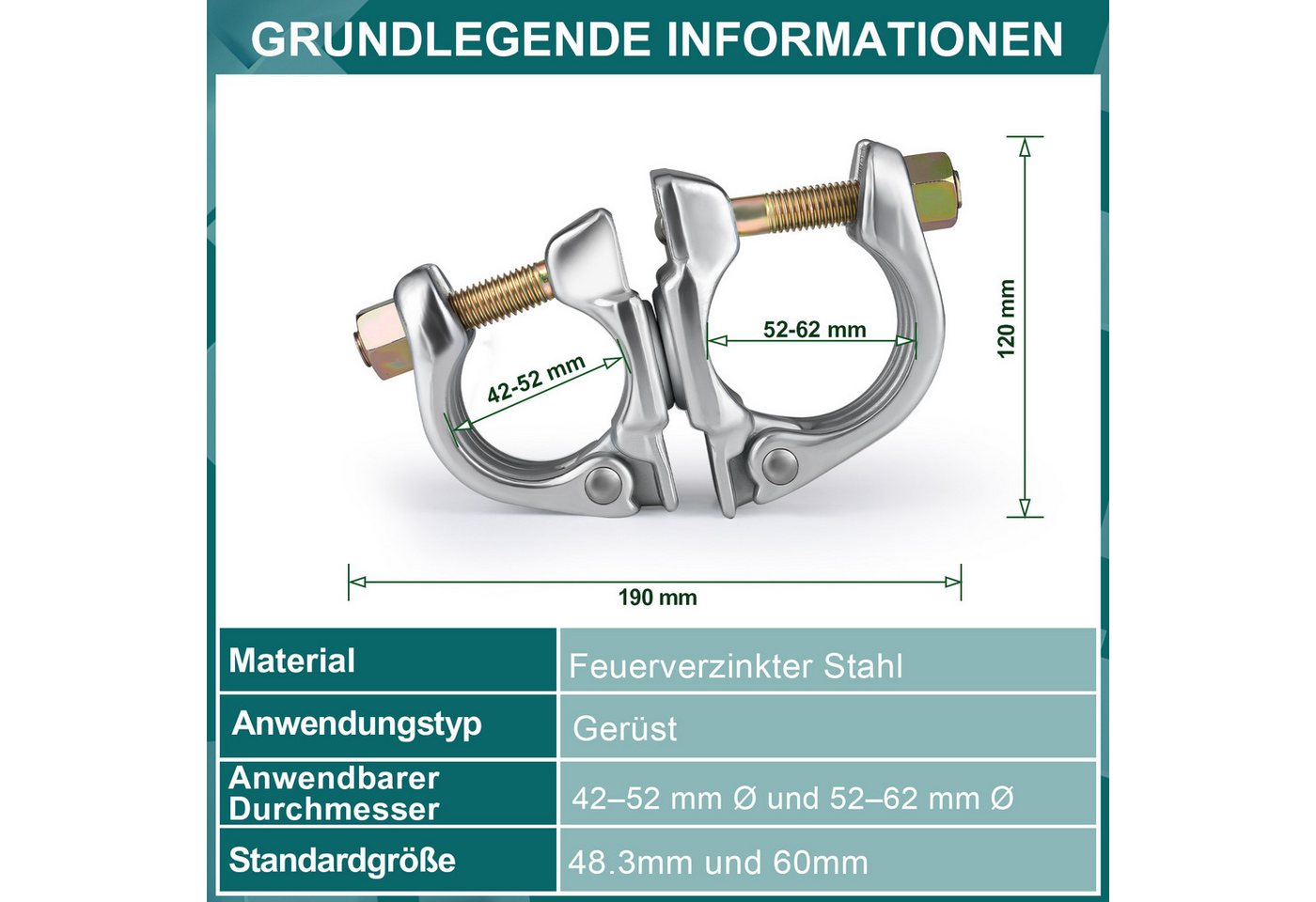 XERSEK Rohrschelle 360° 48x60mm Drehkupplung Gerüstschelle Ankerstange Gerüstkupplung, (Doppelschelle Kupplung für 42-52mm & 52-62mm Rohre, 2-St., zur Befestigung von Gerüsten Ankerstange)