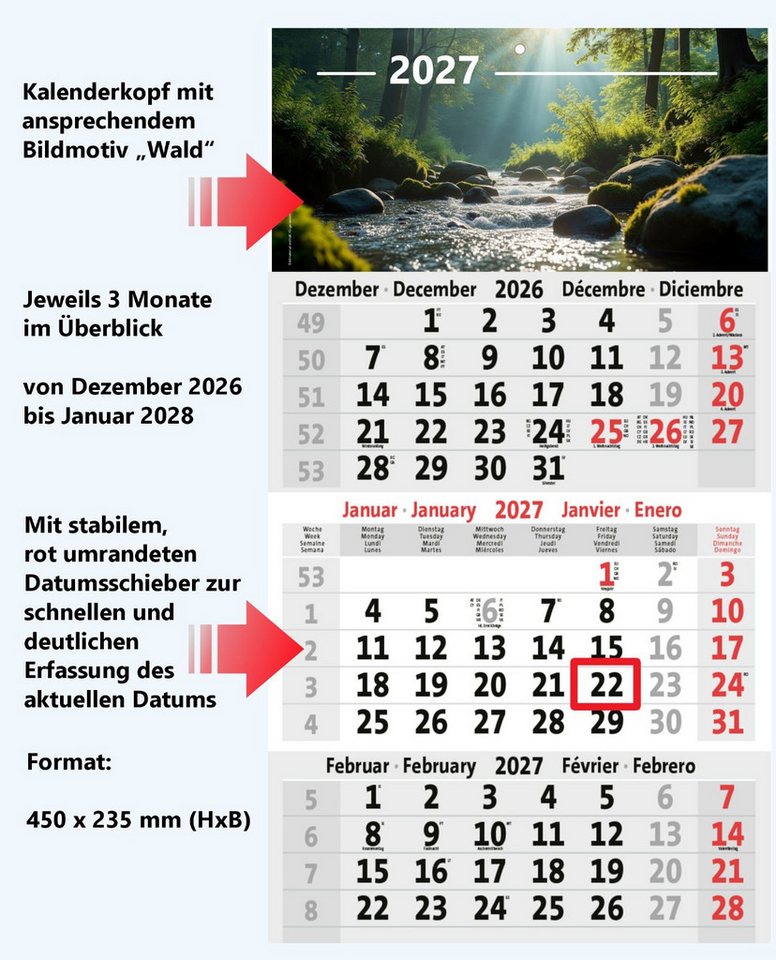 Anschütz Wandkalender 3-Monatskalender 2027 Büro Wandkalender 450x235mm mit Bild Bild 2