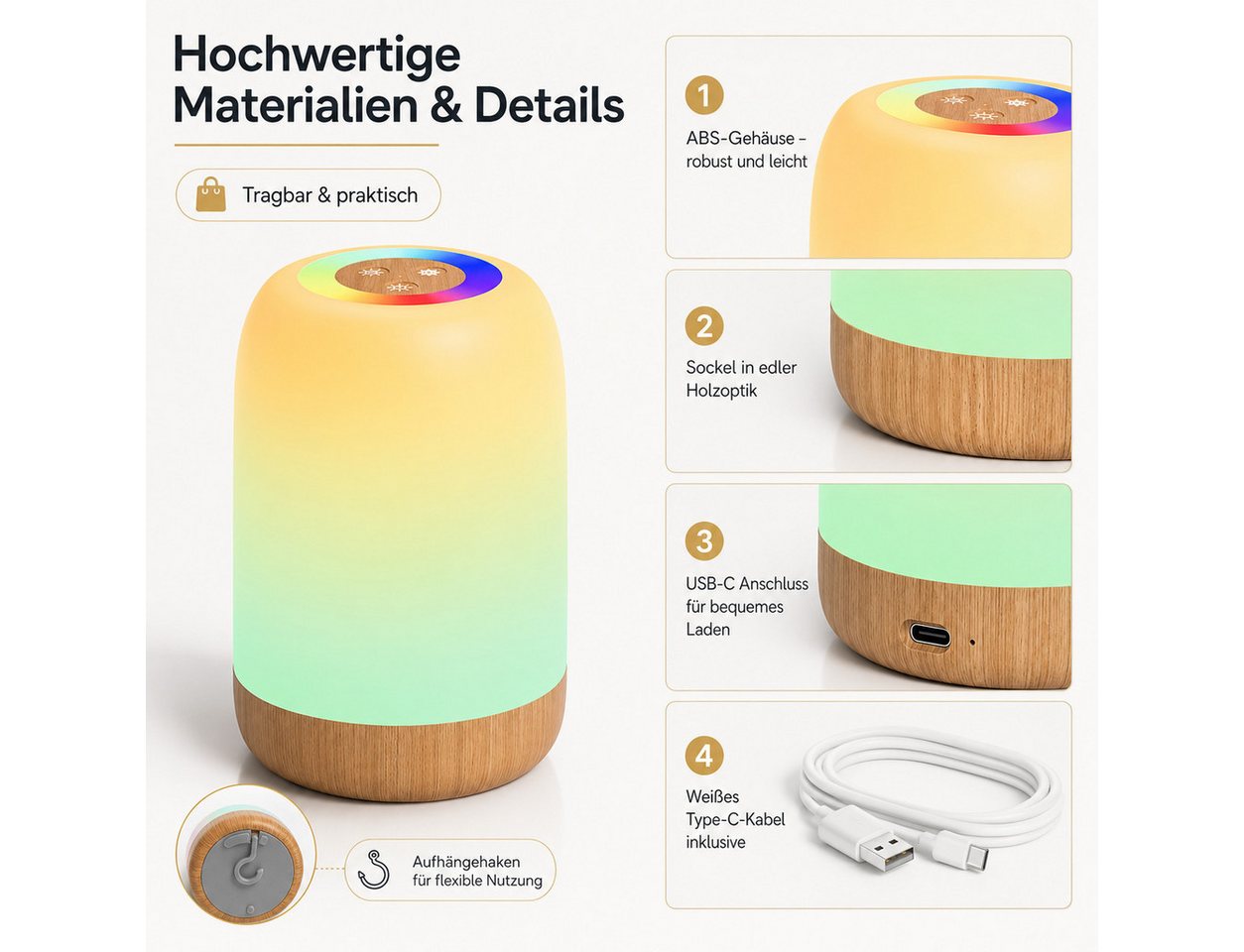 Fyrove LED Nachtlicht Ambientelicht RGB Touch Nachtlampe, Stimmungslicht Kinderzimmer, Dimmbar LED Tischlampe, USB-C Aufladbar Tragbares Nachtlicht, Geschenk für Geburtstag & Weihnachten Bild 2