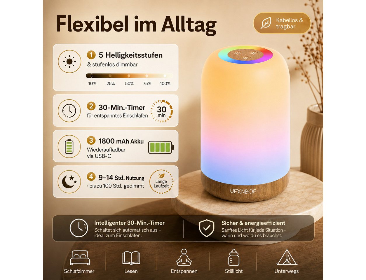 Fyrove LED Nachtlicht Ambientelicht RGB Touch Nachtlampe, Stimmungslicht Kinderzimmer, Dimmbar LED Tischlampe, USB-C Aufladbar Tragbares Nachtlicht, Geschenk für Geburtstag & Weihnachten Bild 4