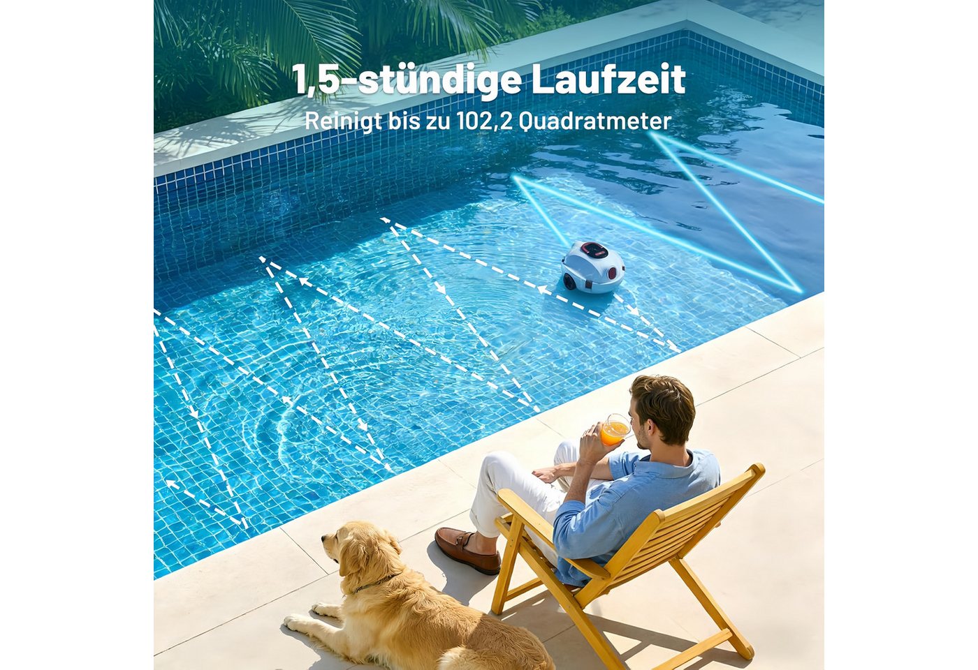 INSE Poolroboter P10 kabellos Auto-Schwimmbadreiniger bis 100m² Becken mit 2600mAh Akku, (Packung), 180μm Filter/flacher Boden max.15°/Schwimmarmband/Reinigungszubehör
