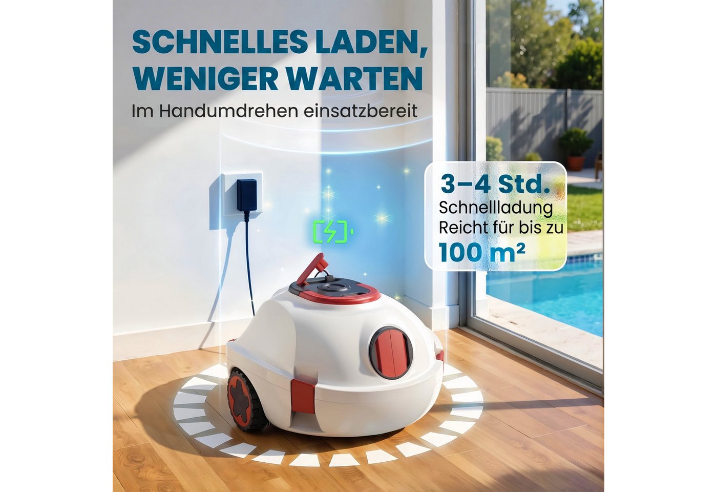 INSE Poolroboter P10 kabellos Auto-Schwimmbadreiniger bis 100m² Becken mit 2600mAh Akku, (Packung), 180μm Filter/flacher Boden max.15°/Schwimmarmband/Reinigungszubehör Bild 2