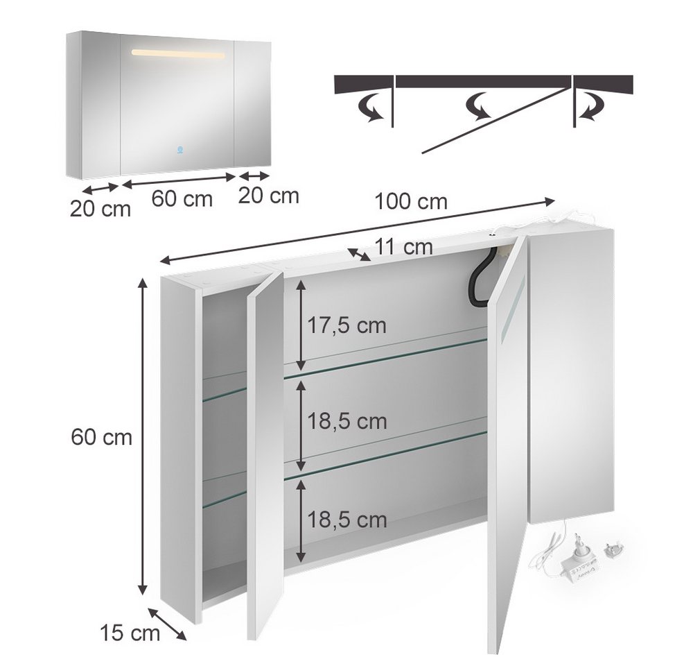 Vicco Badezimmerspiegelschrank Curved, Weiß, 100 x 60 cm mit LED
