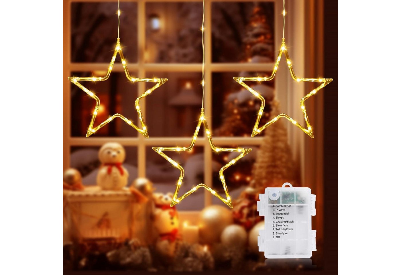 Quntis LED-Lichterkette Weihnachtsdeko Fenster Stern, beleuchtete Weihnachtsbeleuchtung, Lichterkette Sterne mit Timer Innen/Außen, Weihnachtsstern Fensterdeko