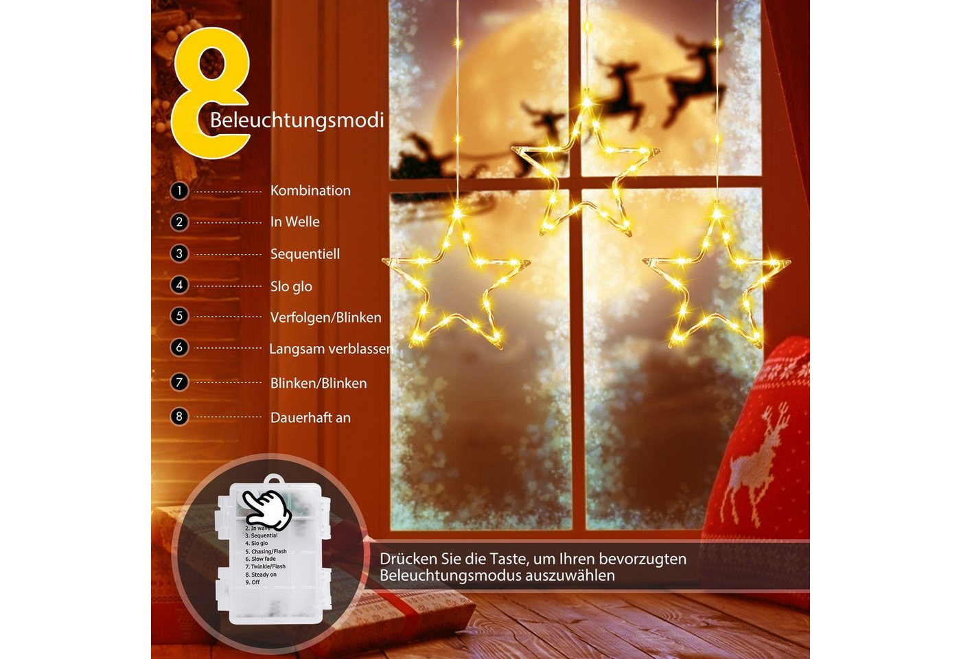 Quntis LED-Lichterkette Weihnachtsdeko Fenster Stern, beleuchtete Weihnachtsbeleuchtung, Lichterkette Sterne mit Timer Innen/Außen, Weihnachtsstern Fensterdeko Bild 2