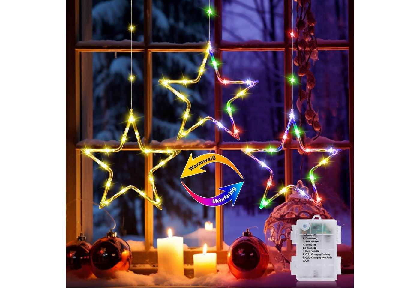 Quntis LED-Lichterkette Weihnachtsdeko Fenster Stern, beleuchtete Weihnachtsbeleuchtung, Lichterkette Sterne mit Timer Innen/Außen, Weihnachtsstern Fensterdeko Bild 3