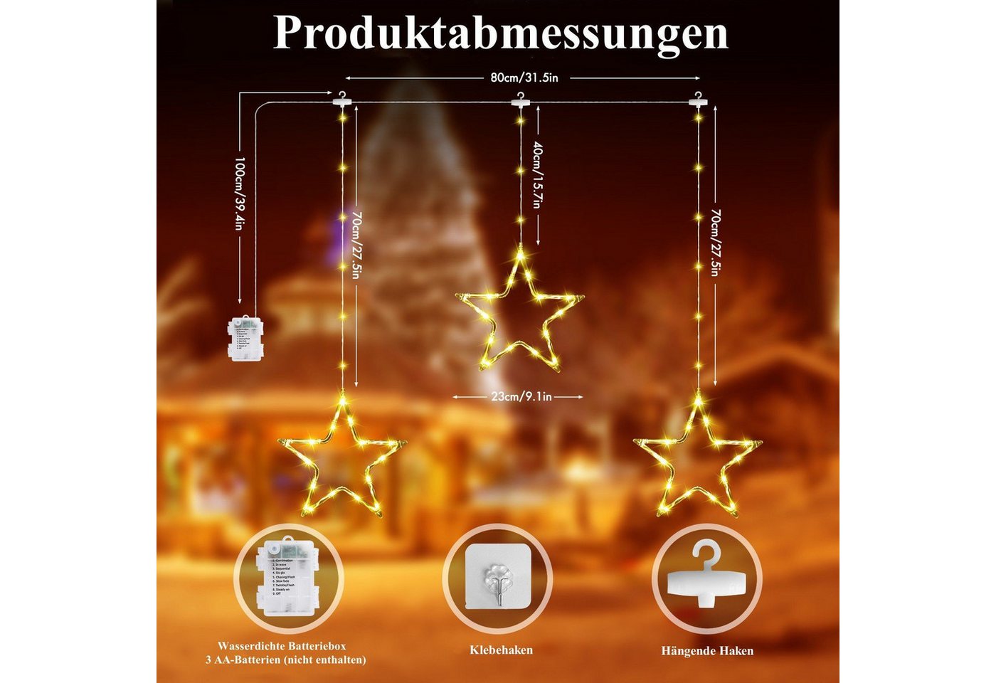 Quntis LED-Lichterkette Weihnachtsdeko Fenster Stern, beleuchtete Weihnachtsbeleuchtung, Lichterkette Sterne mit Timer Innen/Außen, Weihnachtsstern Fensterdeko Bild 4
