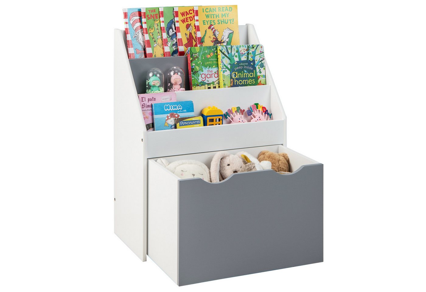 COSTWAY Kinderregal Spielzeugregal, mit 3 Ablagefächer, Box, Rollen, 50 x 28 x 70cm