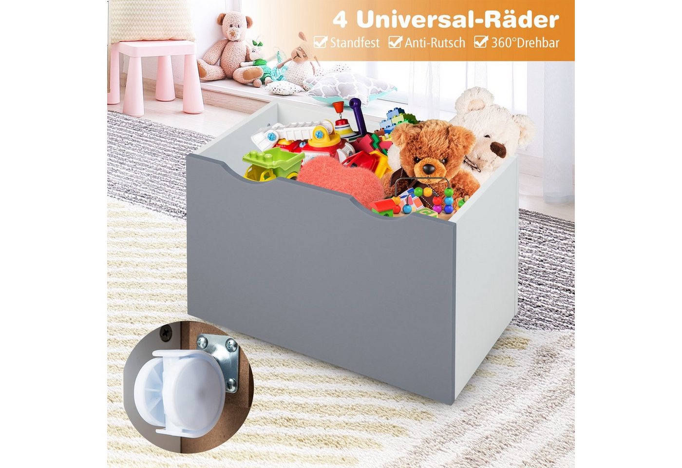 COSTWAY Kinderregal Spielzeugregal, mit 3 Ablagefächer, Box, Rollen, 50 x 28 x 70cm Bild 2