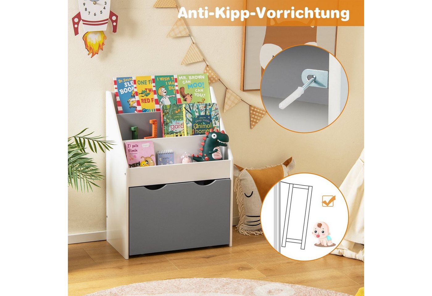 COSTWAY Kinderregal Spielzeugregal, mit 3 Ablagefächer, Box, Rollen, 50 x 28 x 70cm Bild 3