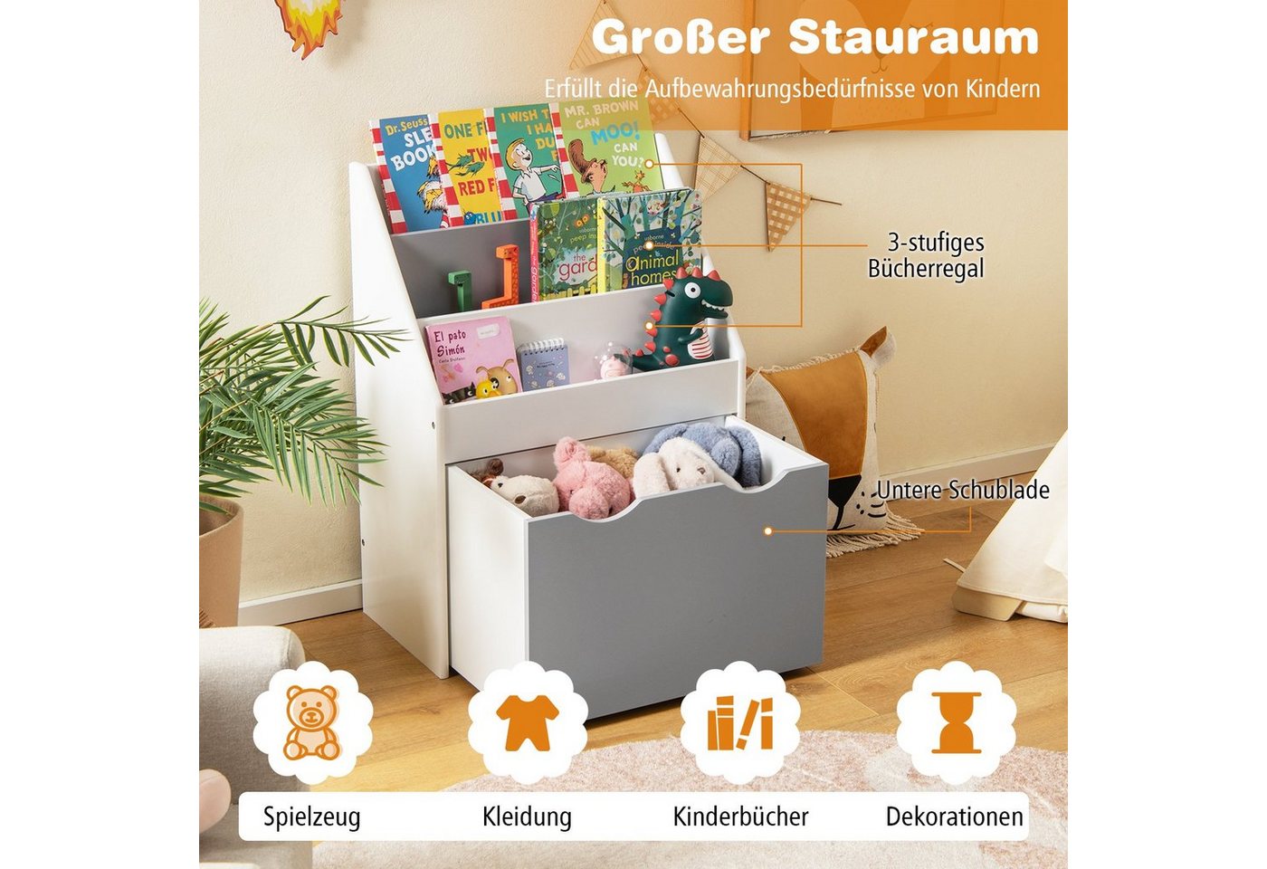 COSTWAY Kinderregal Spielzeugregal, mit 3 Ablagefächer, Box, Rollen, 50 x 28 x 70cm Bild 4