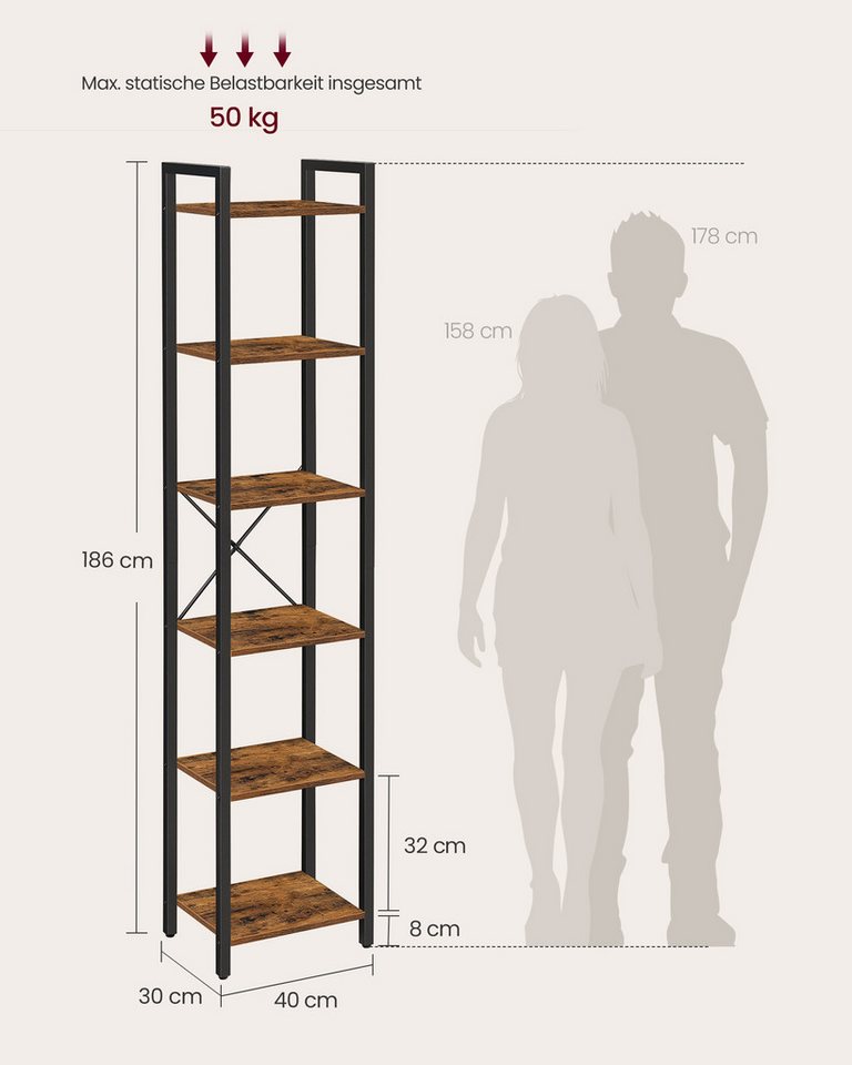 VASAGLE Bücherregal Standregal mit einstellbarer LED-Beleuchtung,mit Stahlrahmen, Lagerregal, 6 Ebenen, Bücherregal, Stahlrahmen
