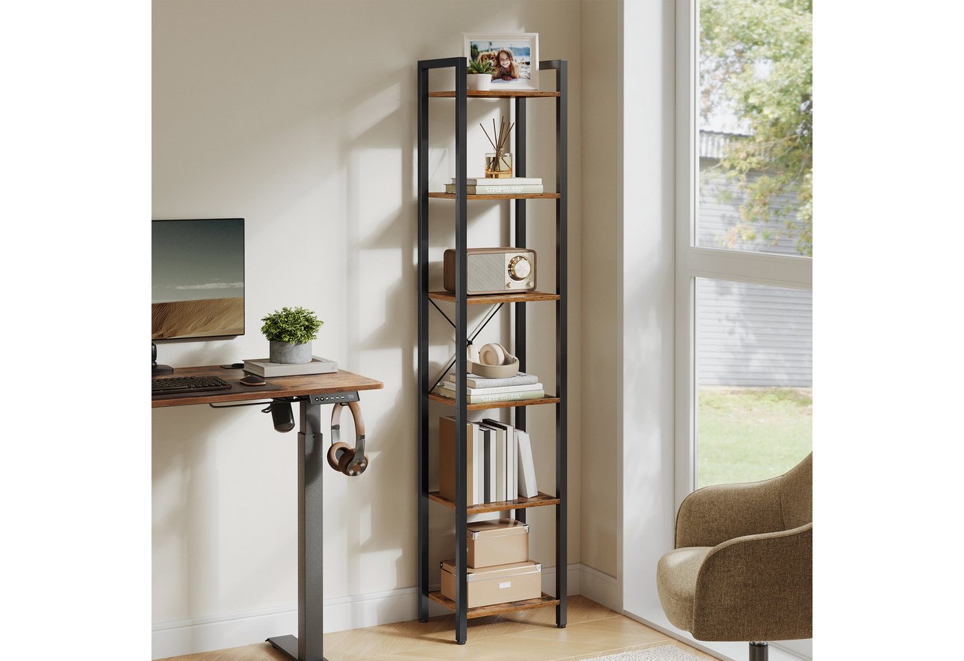 VASAGLE Bücherregal Standregal mit einstellbarer LED-Beleuchtung,mit Stahlrahmen, Lagerregal, 6 Ebenen, Bücherregal, Stahlrahmen Bild 3