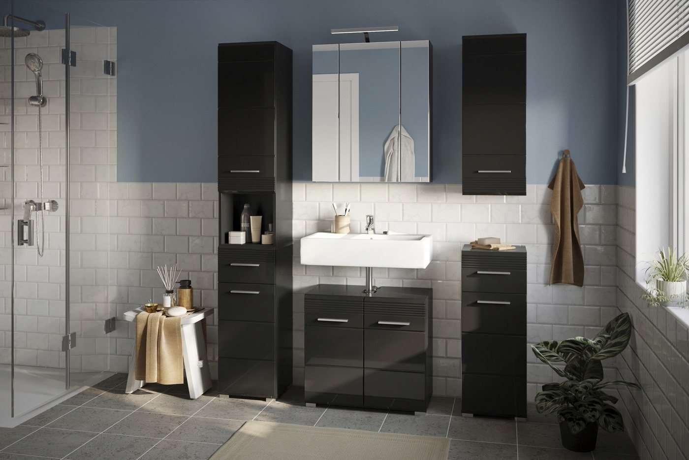 freiraum Waschbeckenunterschrank Linus in Schwarz Hochglanz - 60x56x34cm (BxHxT)