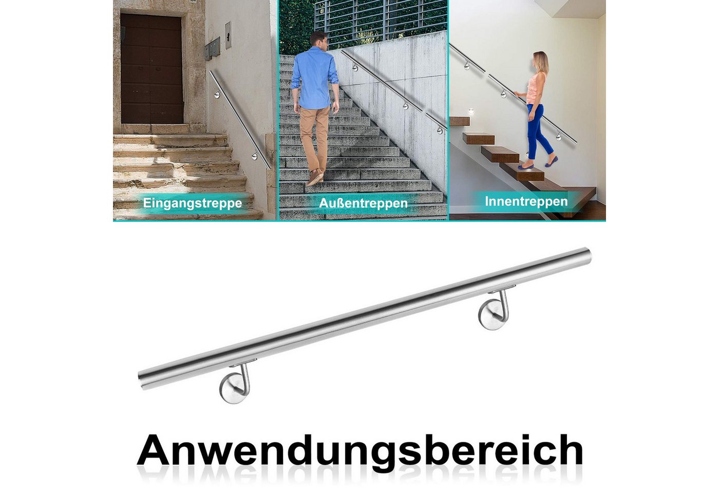 FIVMEN Treppengeländer Wandhandlauf Handlauf Edelstahl mit Wandhaltern Halter, 80 cm Länge, 60/80/100/120/150/160/180/200cm, für Treppen, Balkon, Brüstung Bild 3