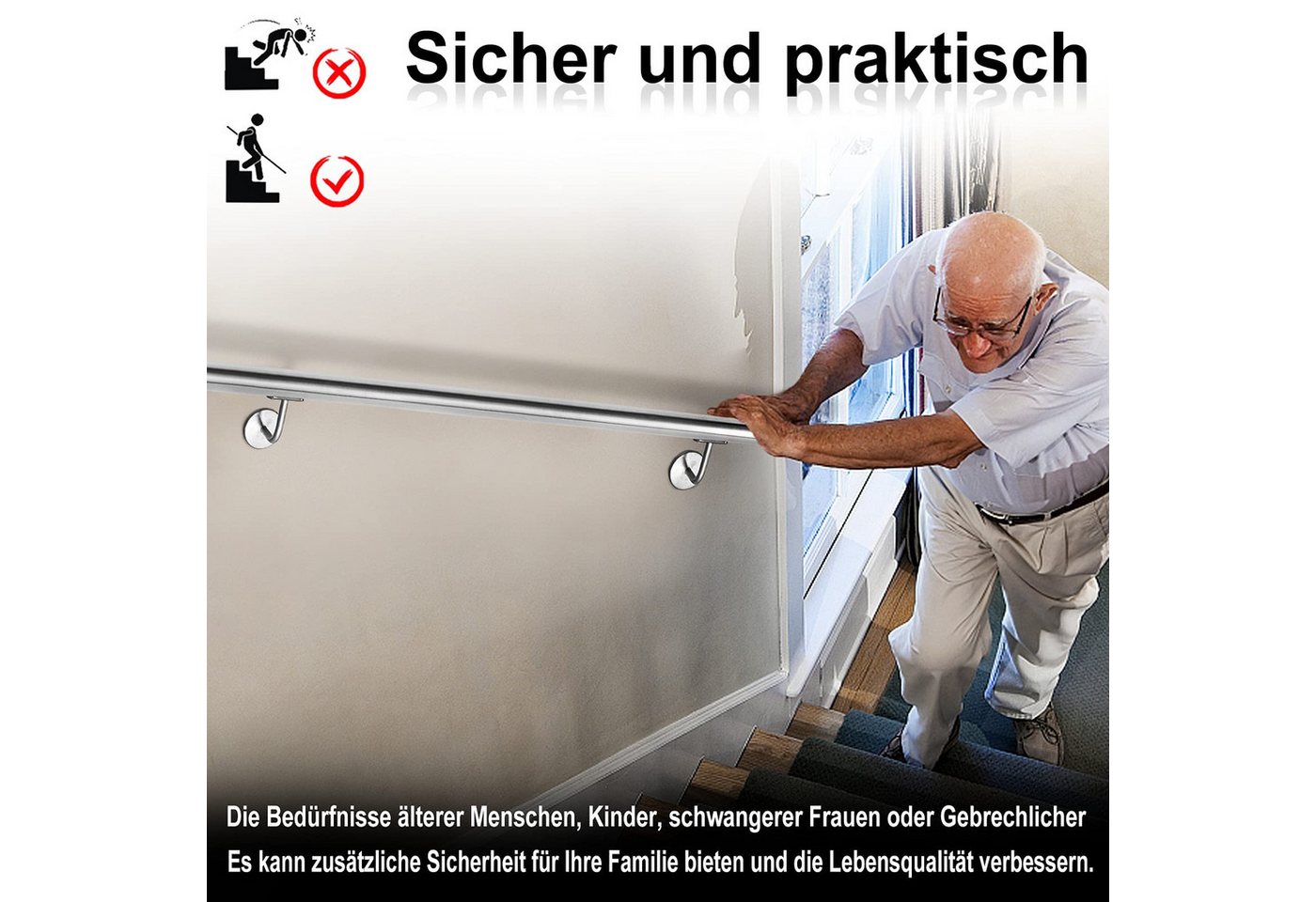 FIVMEN Treppengeländer Wandhandlauf Handlauf Edelstahl mit Wandhaltern Halter, 80 cm Länge, 60/80/100/120/150/160/180/200cm, für Treppen, Balkon, Brüstung Bild 4