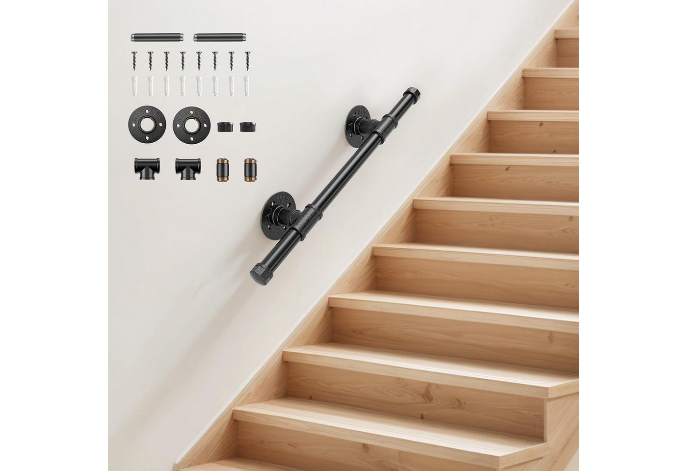 BlingBin Treppengeländer Treppenhandlauf aus Metall, Wandmontage Industrieller Handlauf, 50 cm Länge, Wandmontiertes Geländer, 27-tlg., 50 cm - 2,5 cm Durchmesser, Rohr handlauf, Griffstange treppe wand, Schwarz