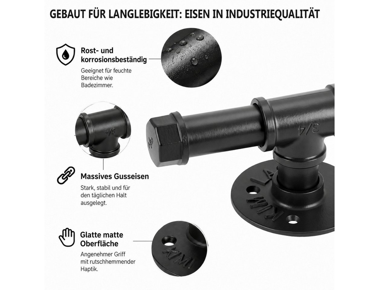 BlingBin Treppengeländer Treppenhandlauf aus Metall, Wandmontage Industrieller Handlauf, 50 cm Länge, Wandmontiertes Geländer, 27-tlg., 50 cm - 2,5 cm Durchmesser, Rohr handlauf, Griffstange treppe wand, Schwarz Bild 2