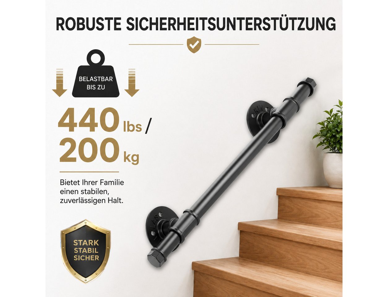 BlingBin Treppengeländer Treppenhandlauf aus Metall, Wandmontage Industrieller Handlauf, 50 cm Länge, Wandmontiertes Geländer, 27-tlg., 50 cm - 2,5 cm Durchmesser, Rohr handlauf, Griffstange treppe wand, Schwarz Bild 3