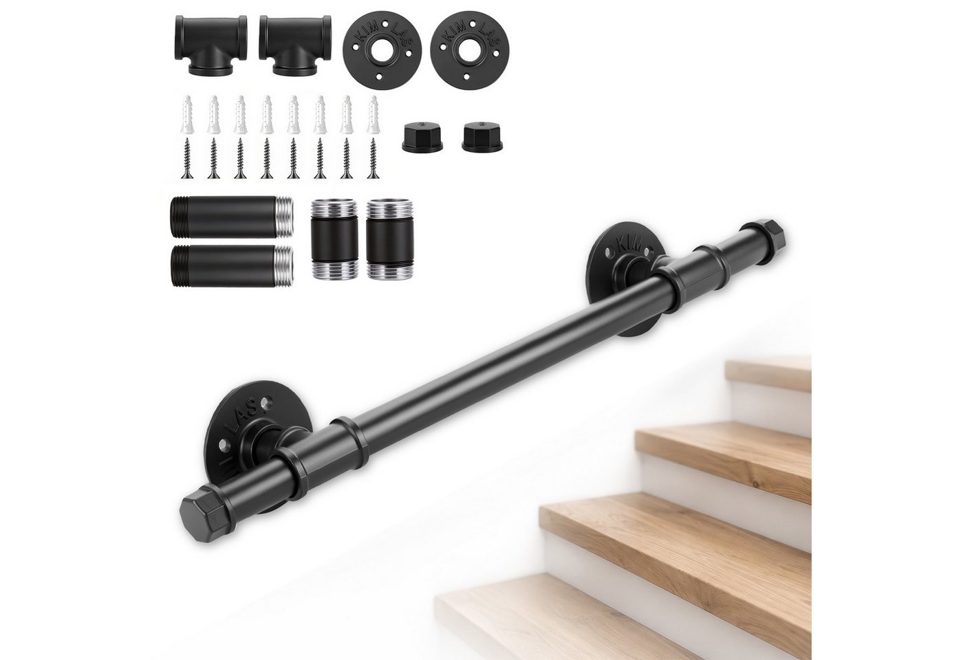 BlingBin Treppengeländer Treppenhandlauf aus Metall, Wandmontage Industrieller Handlauf, 50 cm Länge, Wandmontiertes Geländer, 27-tlg., 50 cm - 2,5 cm Durchmesser, Rohr handlauf, Griffstange treppe wand, Schwarz Bild 4