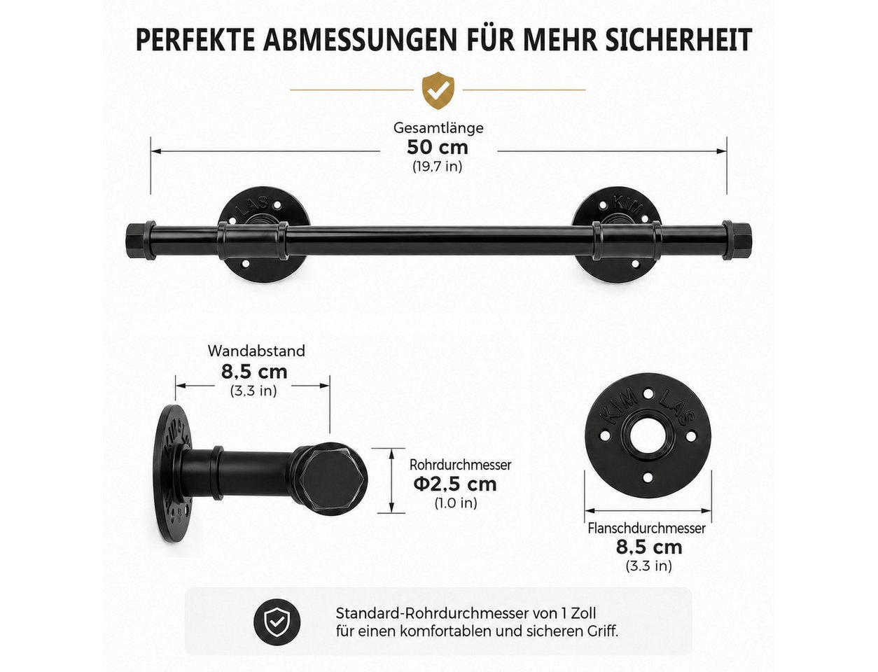 BlingBin Treppengeländer Treppenhandlauf aus Metall, Wandmontage Industrieller Handlauf, 50 cm Länge, Wandmontiertes Geländer, 27-tlg., 50 cm - 2,5 cm Durchmesser, Rohr handlauf, Griffstange treppe wand, Schwarz Bild 5