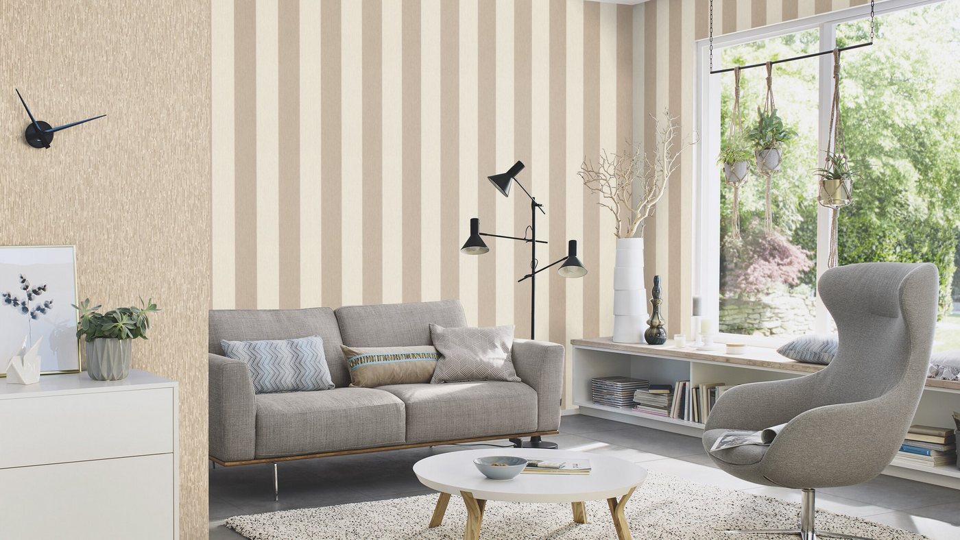Rasch Vliestapete Blockstreifen - Vinyltapete Beige Creme, Strukturoptik, (1 Rolle, 1 St., 10,05 m x 0,53 m), gute Lichtbeständigkeit, feucht abwischbar, restlos abziehbar