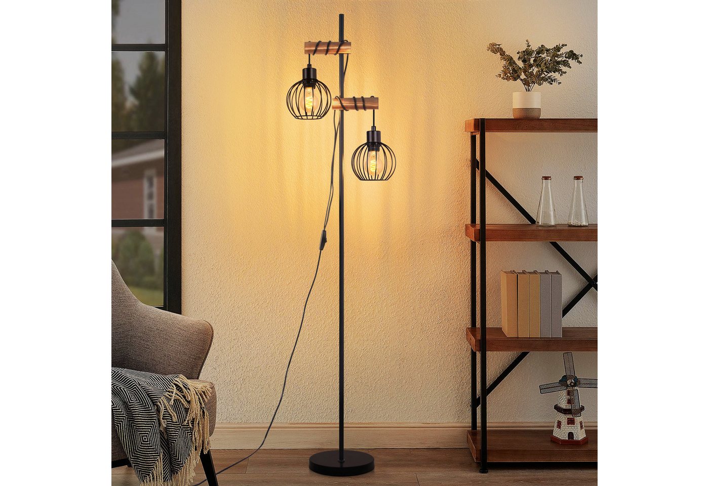 ZMH Stehlampe Wohnzimmer Holz Retro 1/2/3-flammig Stehleuchte E27 Schlafzimmer, Vintage-Standleuchte mit Metall-Käfigschirm, ohne Leuchtmittel, Metall & Holz,Rund,2-flammig, auch für Wohnzimmer und Esszimmer