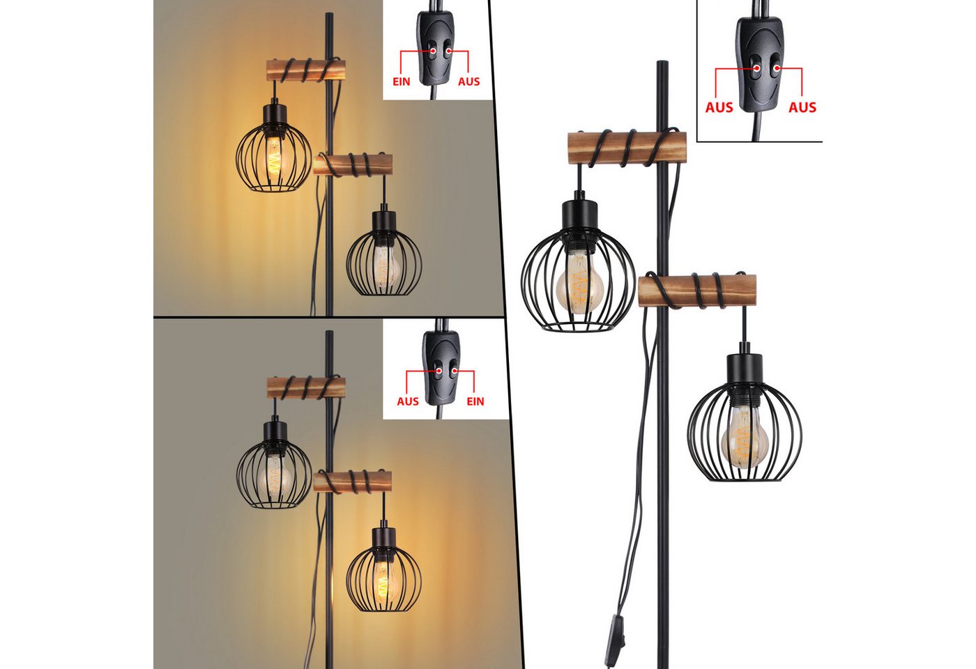 ZMH Stehlampe Wohnzimmer Holz Retro 1/2/3-flammig Stehleuchte E27 Schlafzimmer, Vintage-Standleuchte mit Metall-Käfigschirm, ohne Leuchtmittel, Metall & Holz,Rund,2-flammig, auch für Wohnzimmer und Esszimmer Bild 4