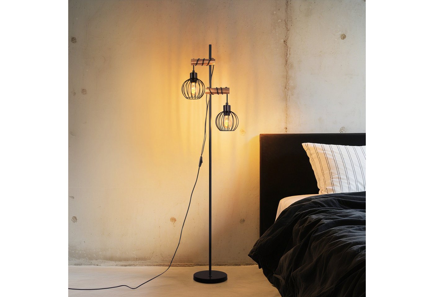 ZMH Stehlampe Wohnzimmer Holz Retro 1/2/3-flammig Stehleuchte E27 Schlafzimmer, Vintage-Standleuchte mit Metall-Käfigschirm, ohne Leuchtmittel, Metall & Holz,Rund,2-flammig, auch für Wohnzimmer und Esszimmer Bild 5