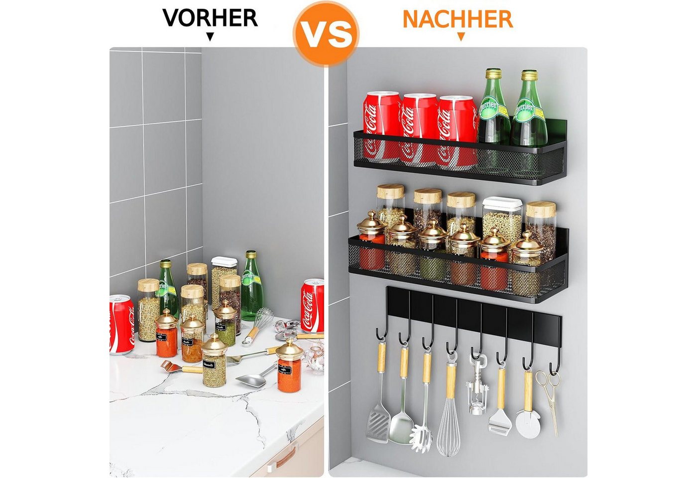 Forrlite Gewürzregal Gewürzregal, Küchenregal Ablageregal Kühlschrankregal Magnetisches, mit 8 Haken, ohne Bohren, Abnehmbares mobiles Gewürzregal Bild 5