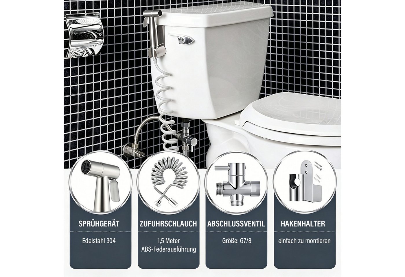 MOPUEA Bidetarmatur 3er-Set Handbrause Bidet Sprayer Mit Halter Wassermenge einstellbar (Komplettes Bidet-Set für Hygieneanwendungen und einfache Installation., Edelstahl-Brausekit robustem Design &korrosionsbeständiger Oberfläche) Universell einsetzbar für Intimhygiene und verschiedene Anwendungen. Bild 4