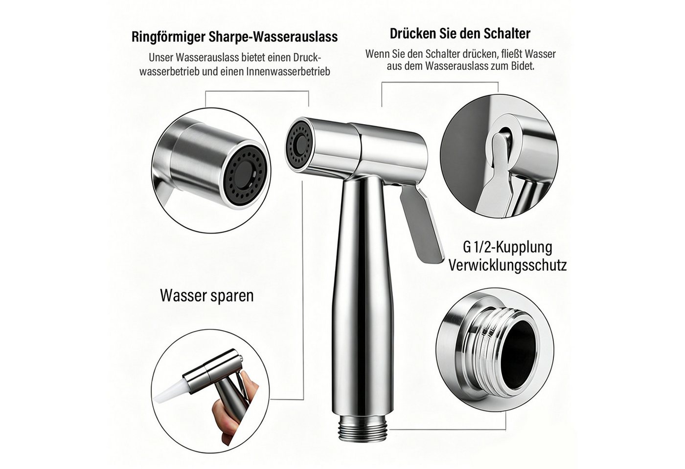 MOPUEA Bidetarmatur 3er-Set Handbrause Bidet Sprayer Mit Halter Wassermenge einstellbar (Komplettes Bidet-Set für Hygieneanwendungen und einfache Installation., Edelstahl-Brausekit robustem Design &korrosionsbeständiger Oberfläche) Universell einsetzbar für Intimhygiene und verschiedene Anwendungen. Bild 5