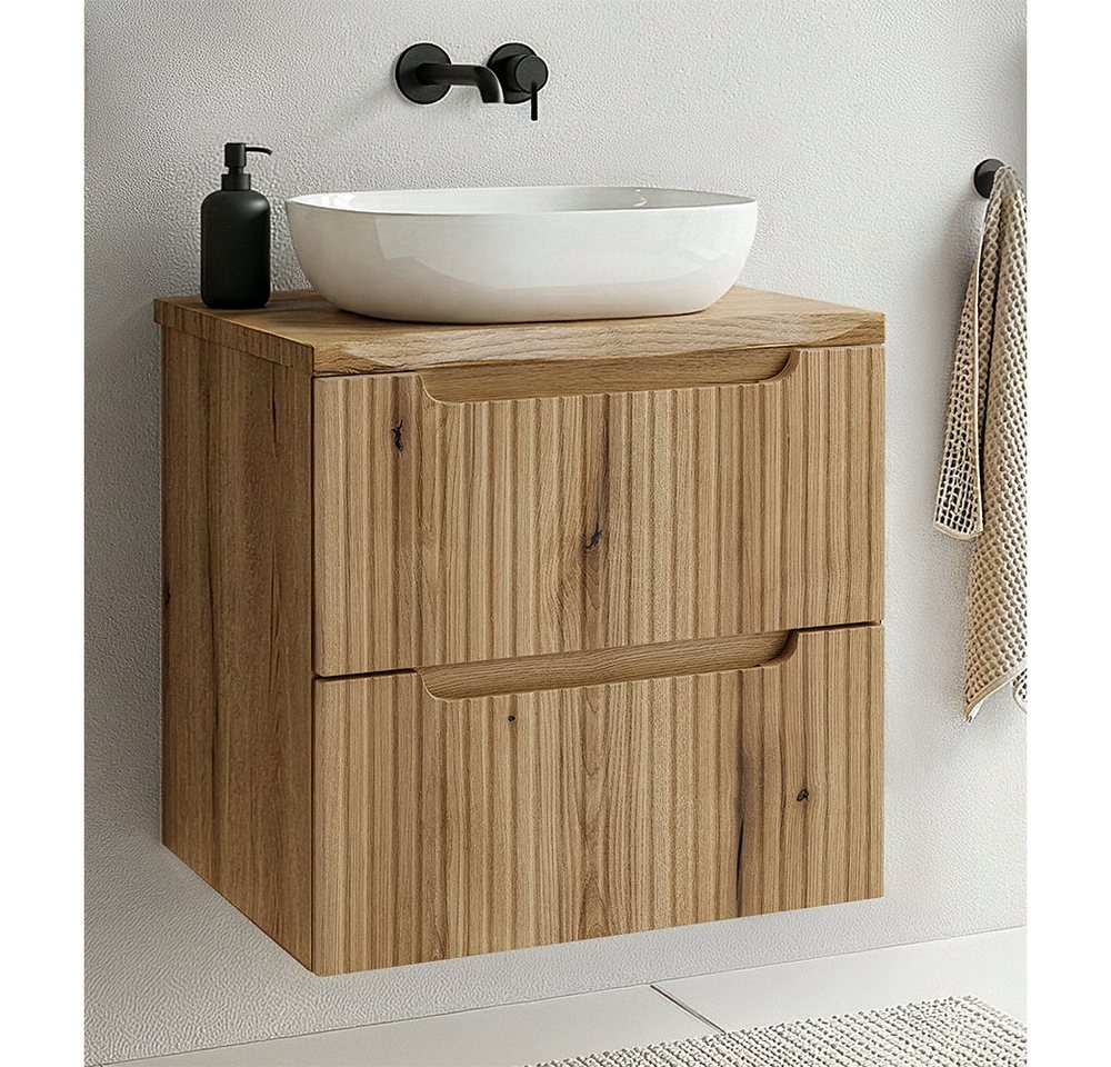 Lomadox Waschtisch NEWPORT-56-EVOKE, 60 cm, Eiche mit gerillter Front, Waschtischplatte mit Baumkantenoptik Bild 3