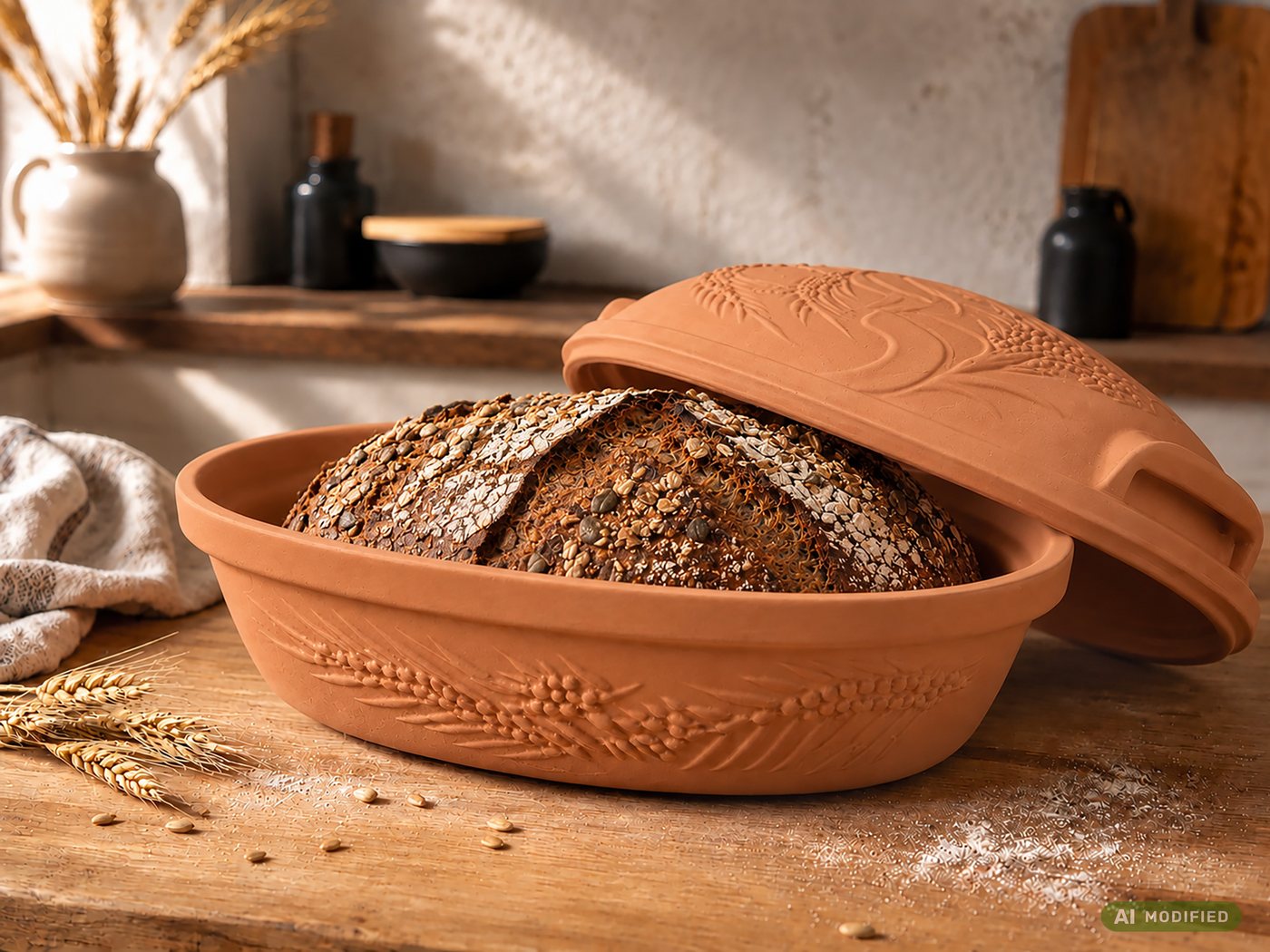 KERAZO Brotbackform 4,5L Keramik Bräter mit Deckel Brottopf Auflaufform 38x24x15 cm, natur, Unglasierter Bräter mit Getreidemuster auf Deckel und Unterteil