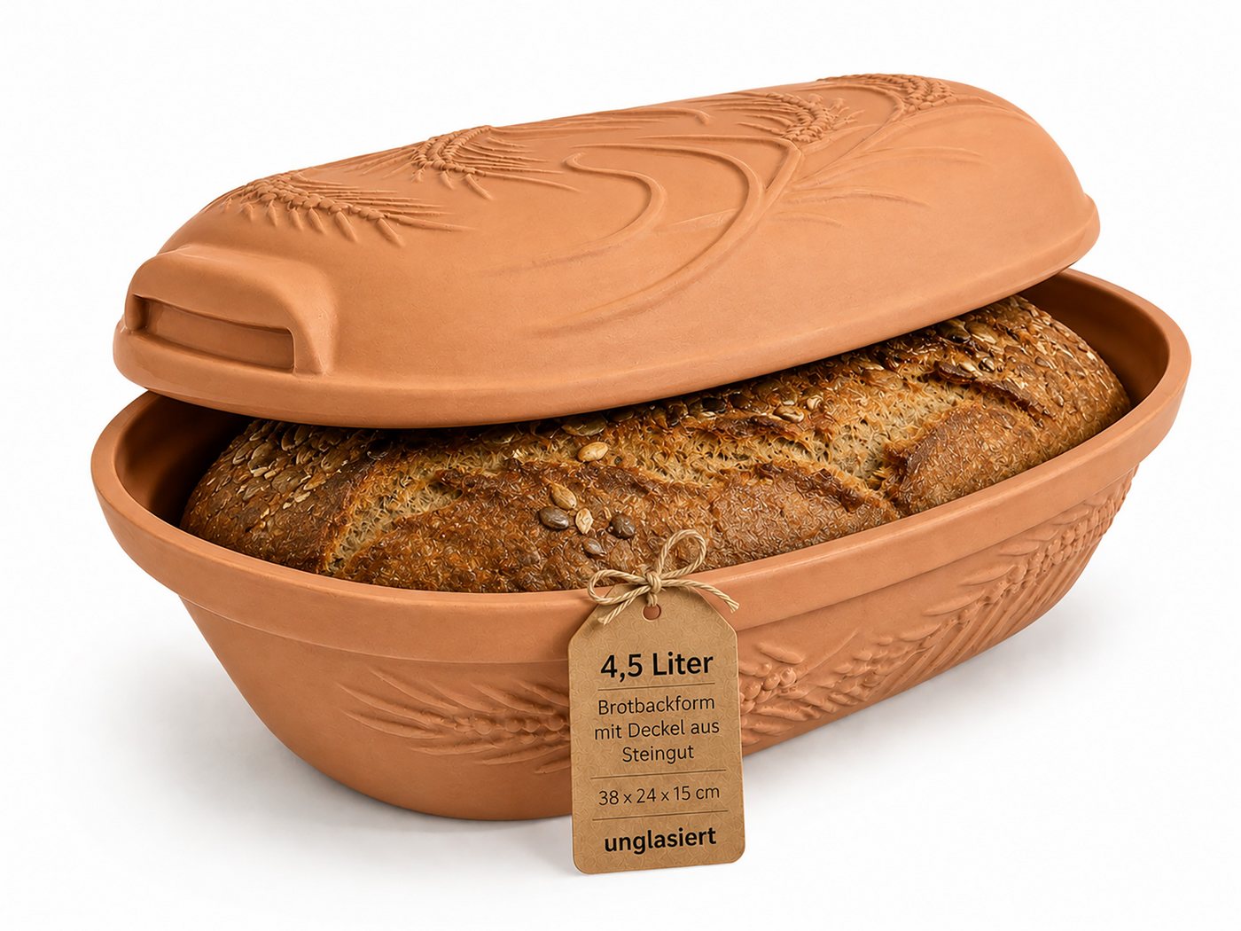 KERAZO Brotbackform 4,5L Keramik Bräter mit Deckel Brottopf Auflaufform 38x24x15 cm, natur, Unglasierter Bräter mit Getreidemuster auf Deckel und Unterteil Bild 2